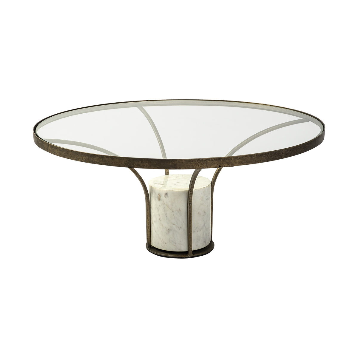 Antiqued Gold and White Glass Iron and Marble Round Pedestal Coffee Table
