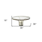 Antiqued Gold and White Glass Iron and Marble Round Pedestal Coffee Table