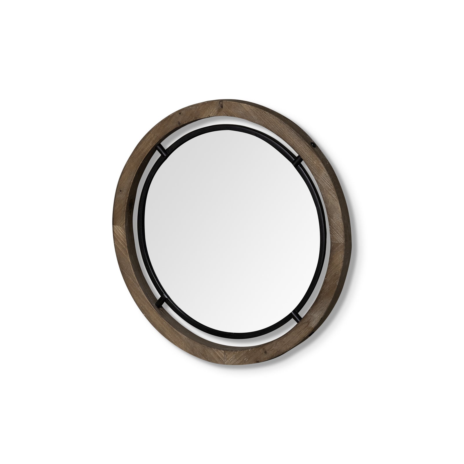 Black and Brown Metal and Solid Wood Round Geometric Framed Accent Mirror