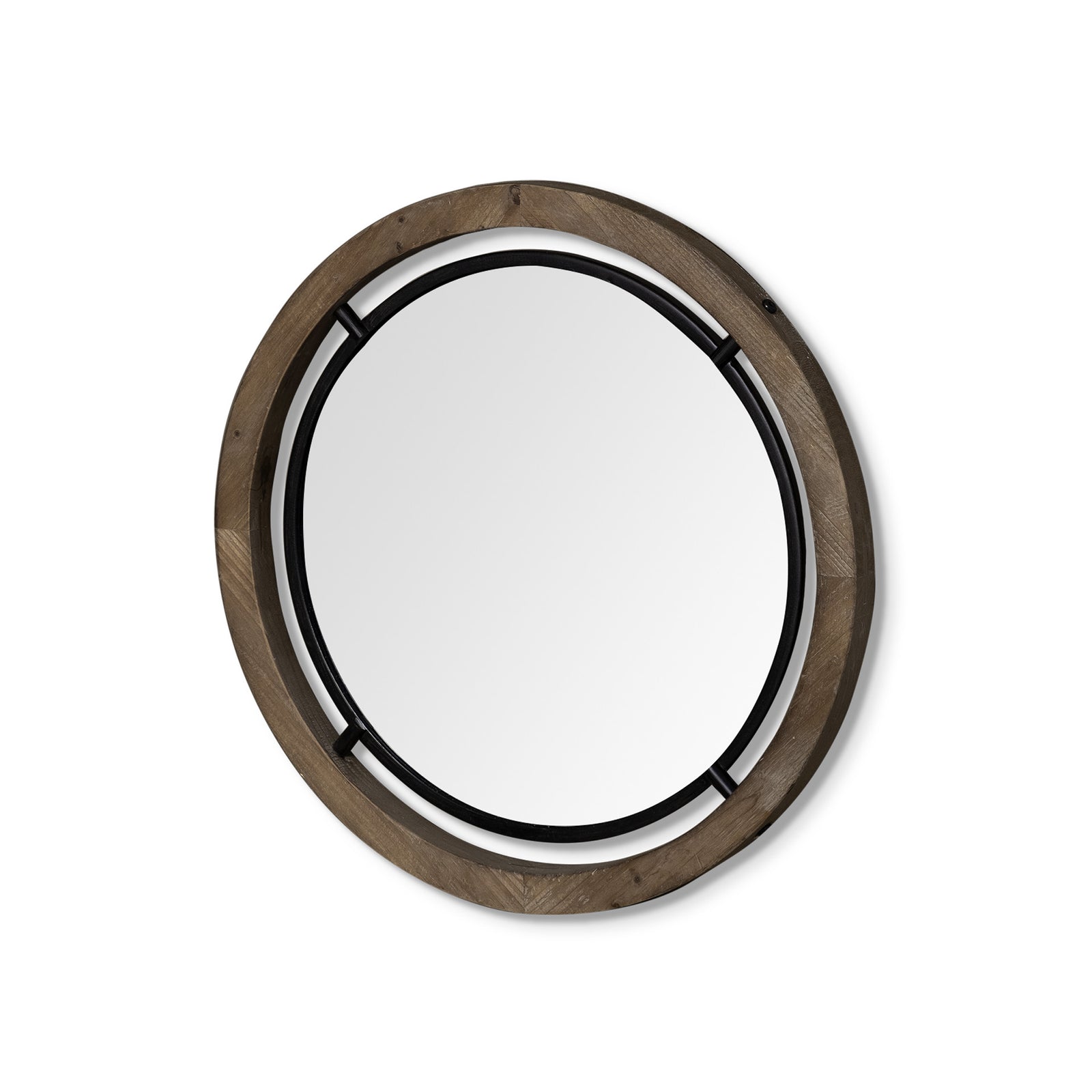 Brown and Black Round Metal and Wood Framed Accent Mirror - 24-inch