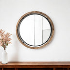Brown and Black Round Metal and Wood Framed Accent Mirror - 24-inch
