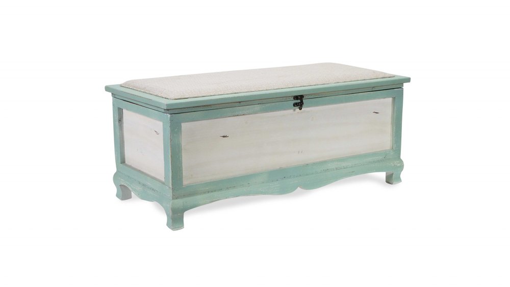 Rectangular Green Wooden with Seat Cushion and Inside Storage Bench