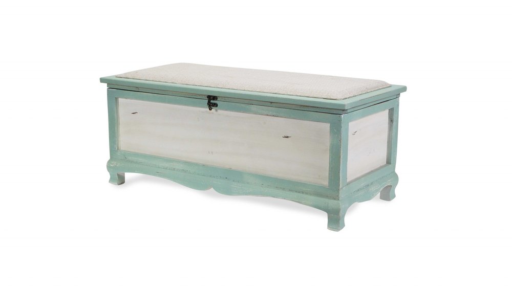 Rectangular Green Wooden with Seat Cushion and Inside Storage Bench