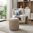 Ivory Upholstery Cylinder Abstract Pouf Ottoman - 16-inch