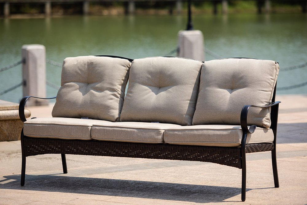 Five Piece Black and Beige Metal Sofa Seating Group with Table
