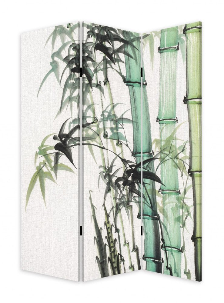 Green and White Canvas Folding Three Panel Screen Room Divider - 72-inch