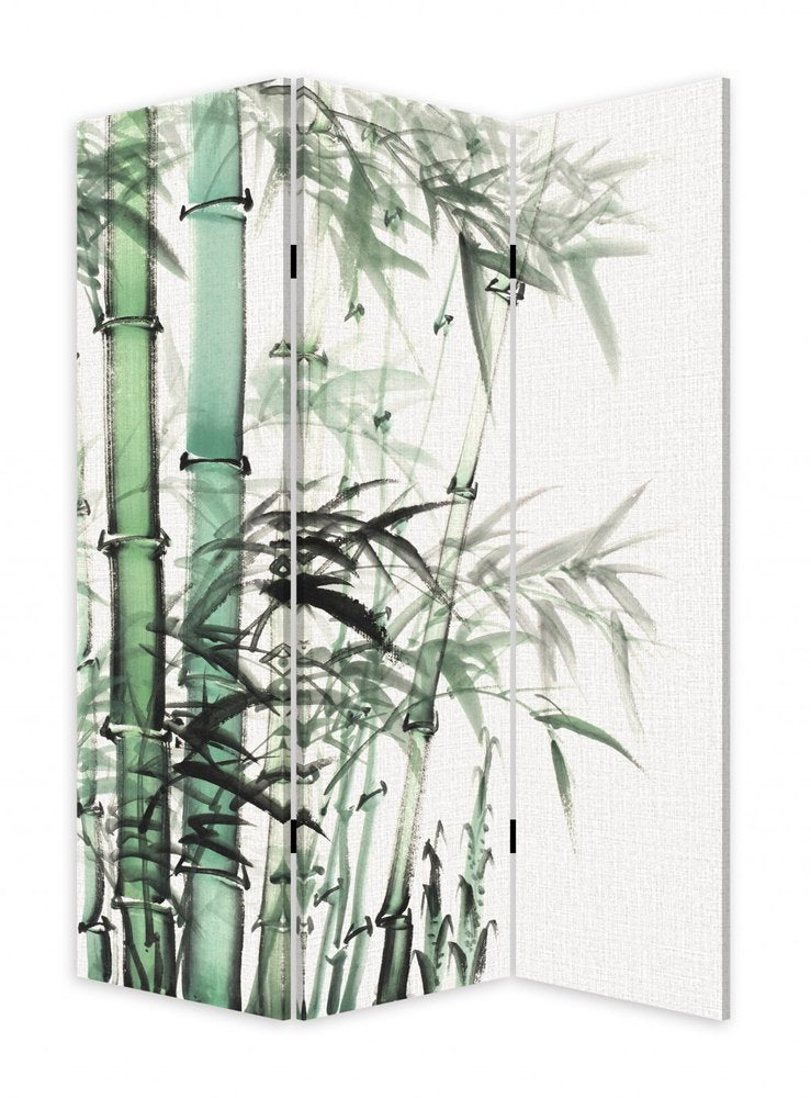 Green and White Canvas Folding Three Panel Screen Room Divider - 72-inch