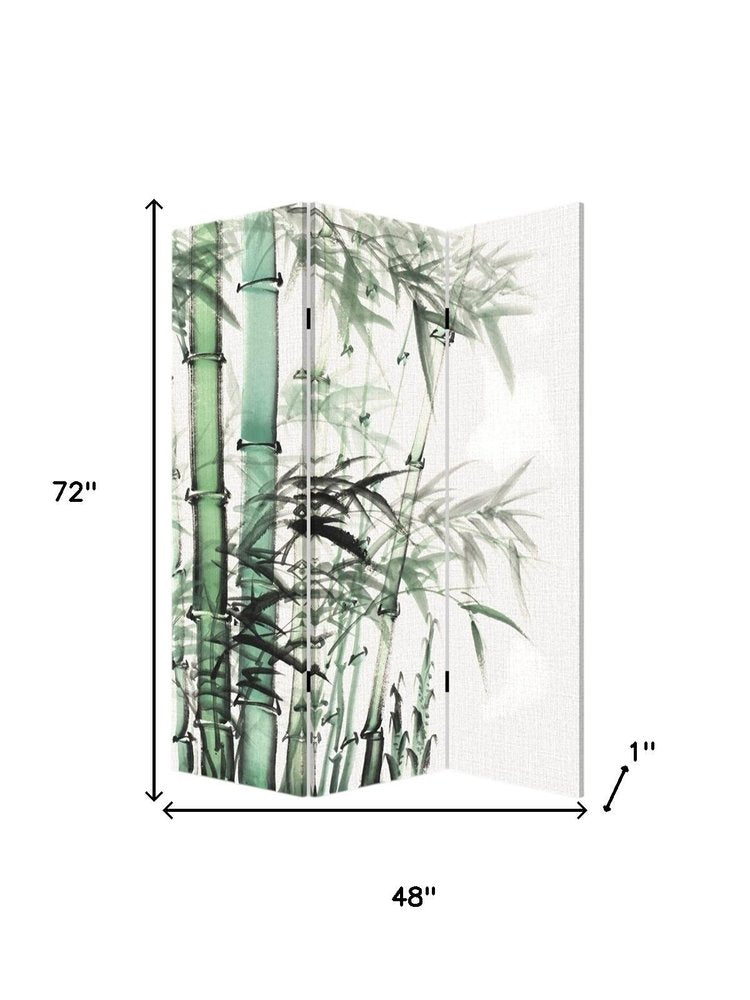 Green and White Canvas Folding Three Panel Screen Room Divider - 72-inch