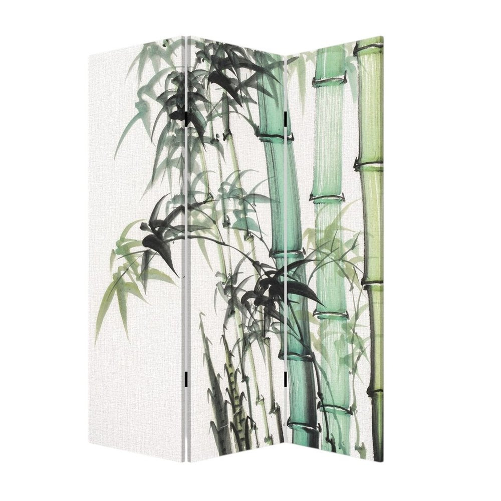 Green and White Canvas Folding Three Panel Screen Room Divider - 72-inch