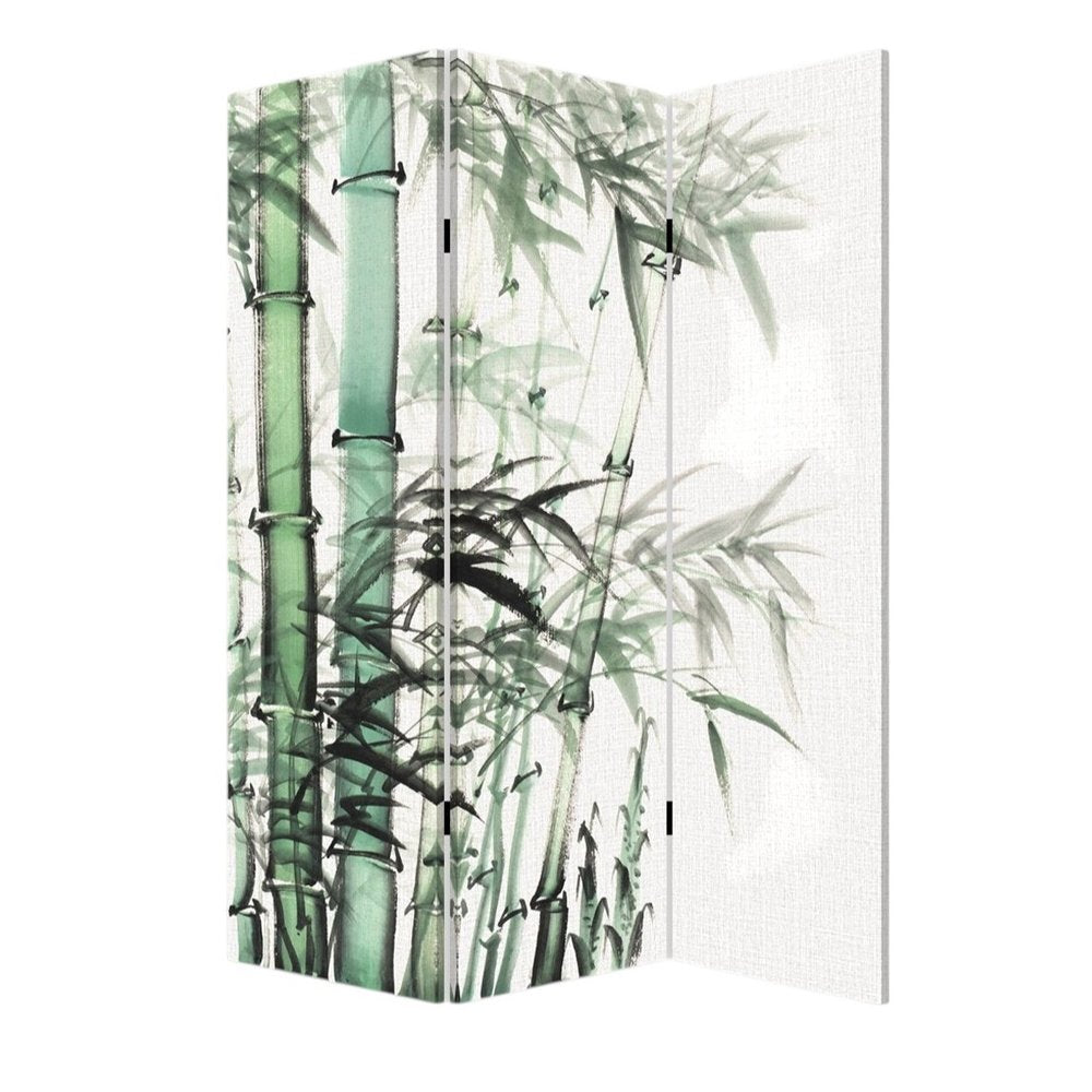 Green and White Canvas Folding Three Panel Screen Room Divider - 72-inch