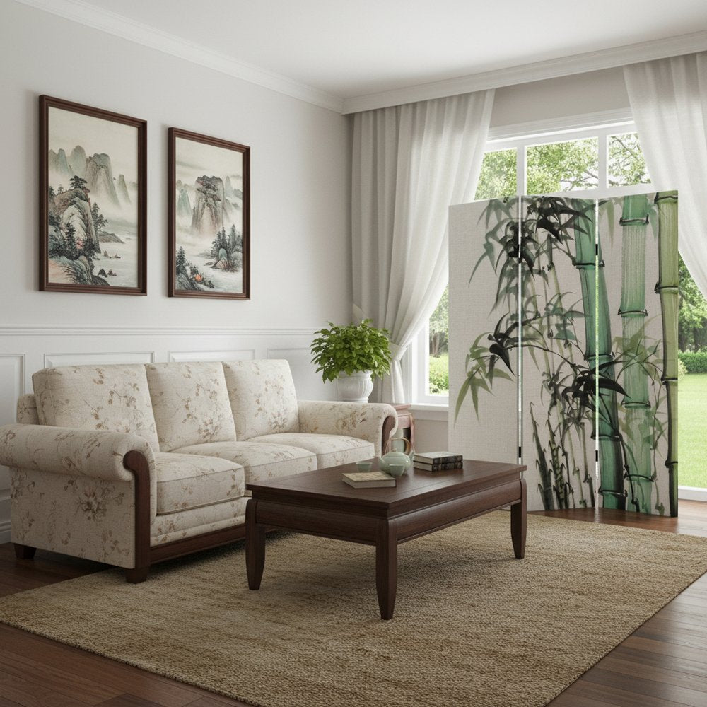Green and White Canvas Folding Three Panel Screen Room Divider - 72-inch