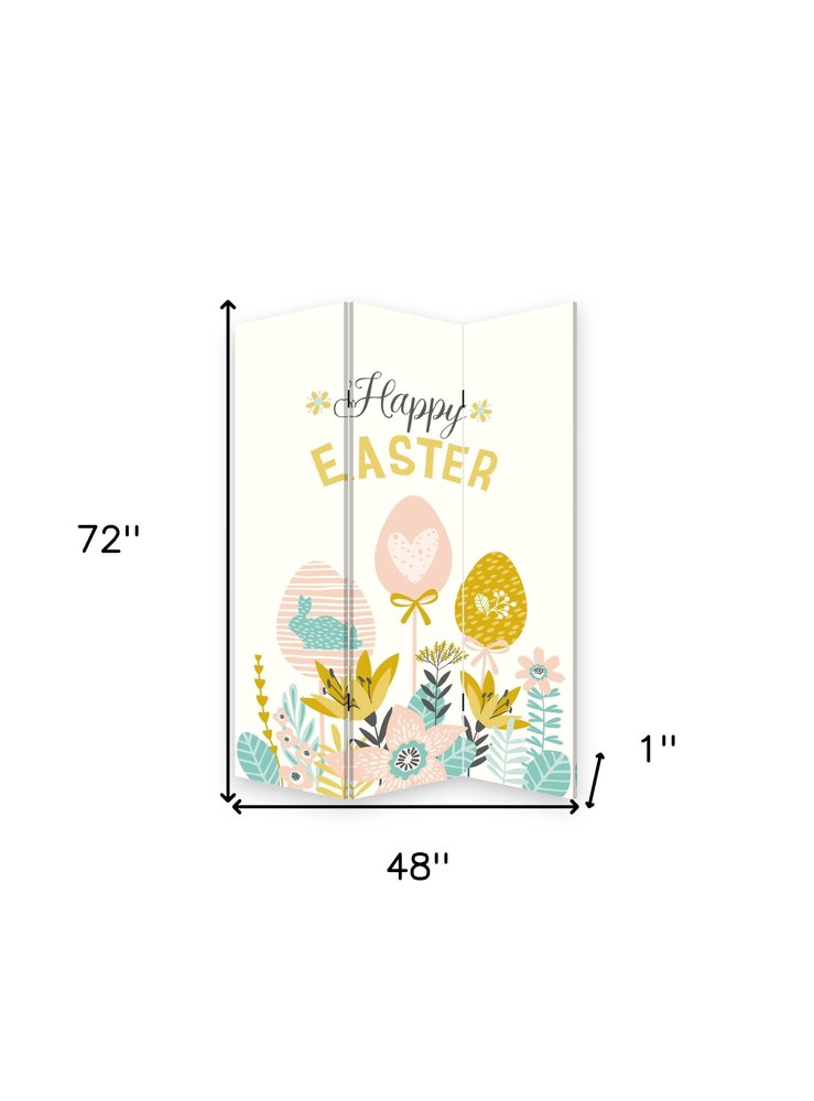 Yellow and White Canvas Folding Three Panel Screen Room Divider - 72-inch