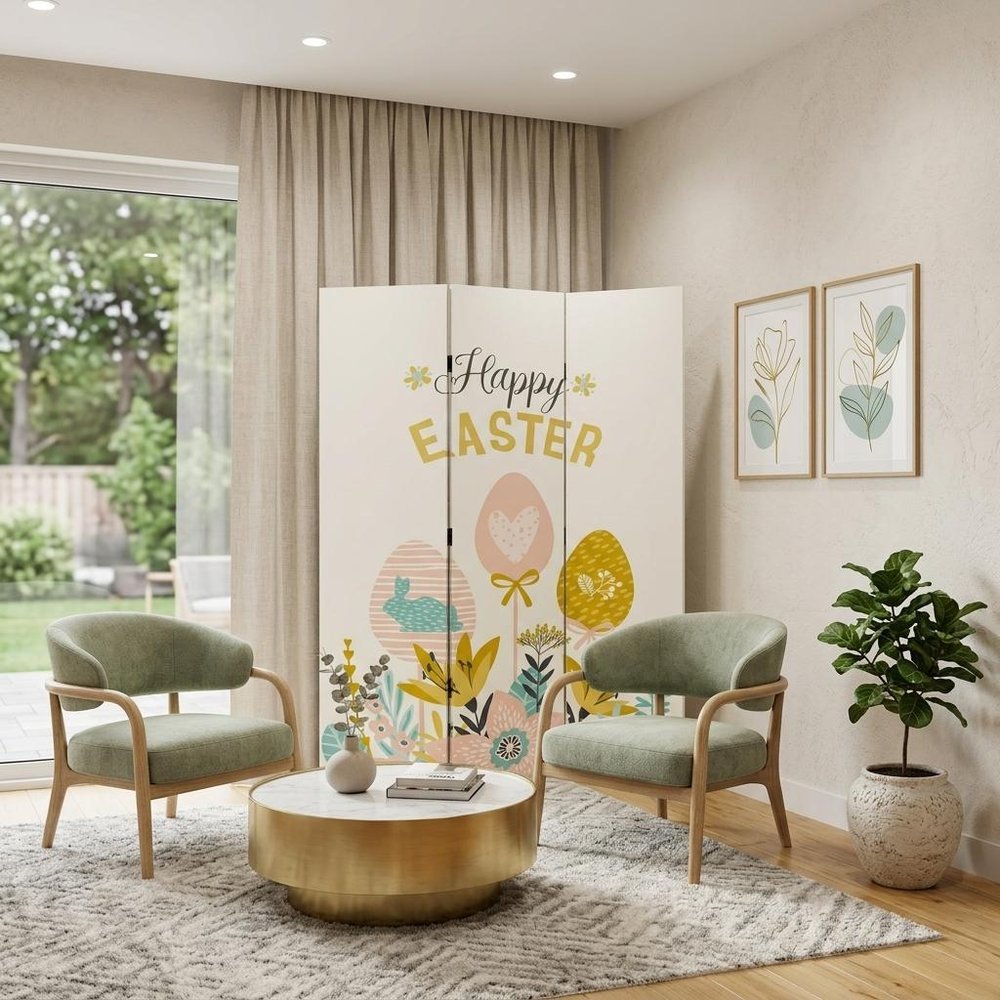 Yellow and White Canvas Folding Three Panel Screen Room Divider - 72-inch