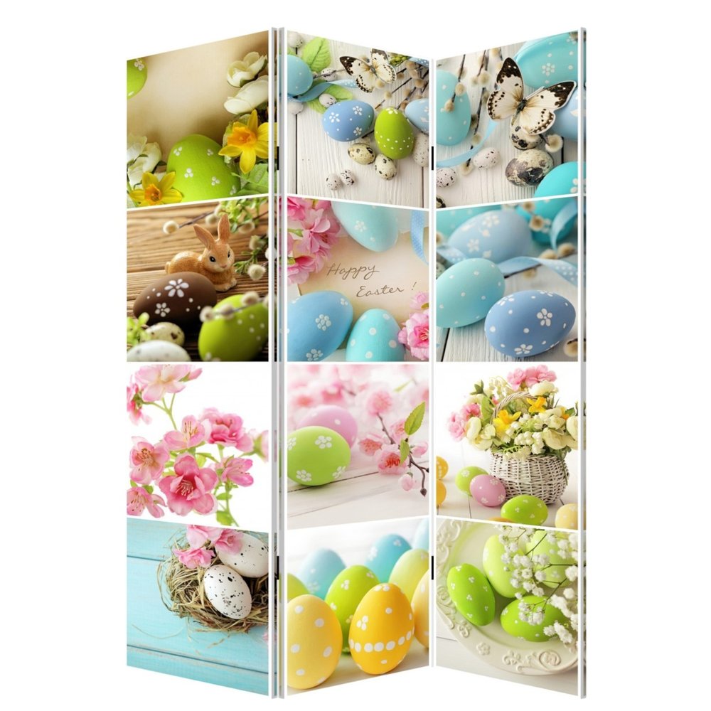 Yellow and White Canvas Folding Three Panel Screen Room Divider - 72-inch