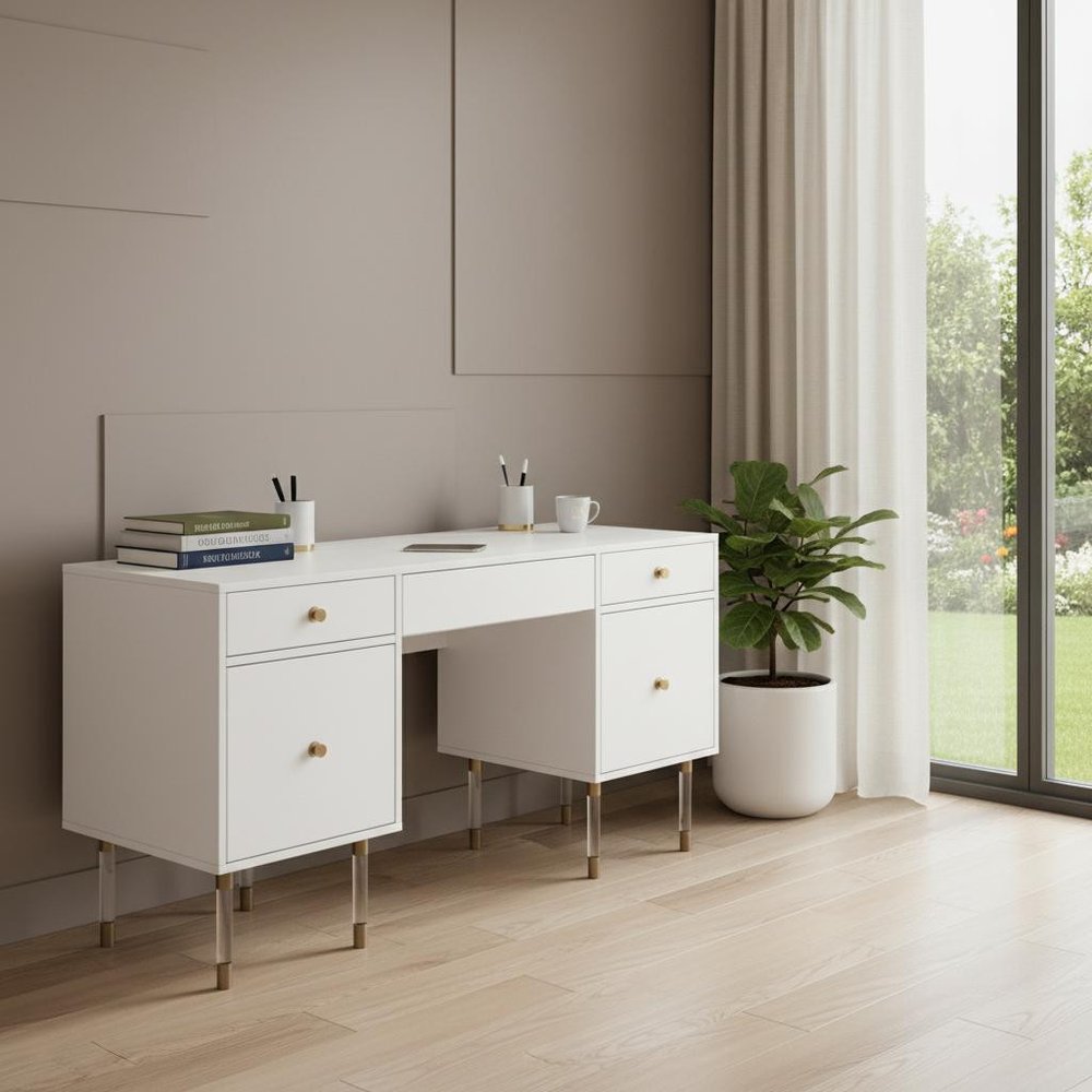 White Writing Desk with Four Drawers - 55-inch