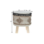 Beige and Brown Cotton Abstract Round Footstool - 18-inch