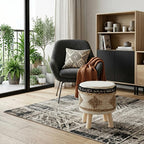 Beige and Brown Cotton Abstract Round Footstool - 18-inch