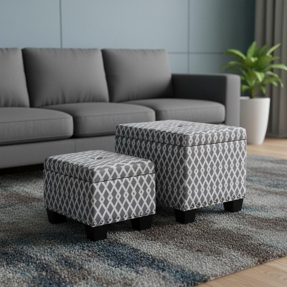 Gray White Black Gray and White Fabric Tufted Storage Ottoman - 17-inch
