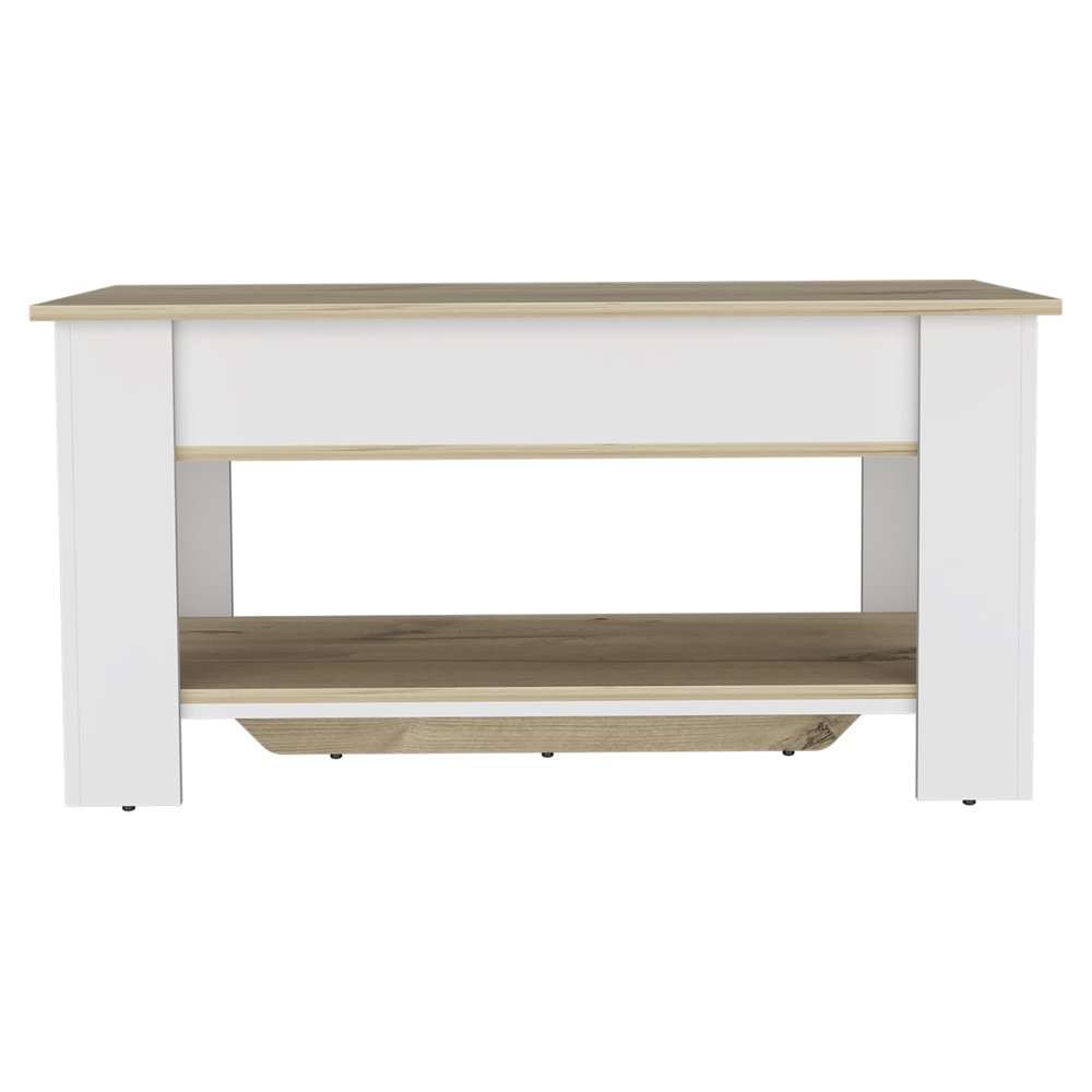 Natural and White Wood Storage Bench with Flip Top Shoe Storage and Shelves