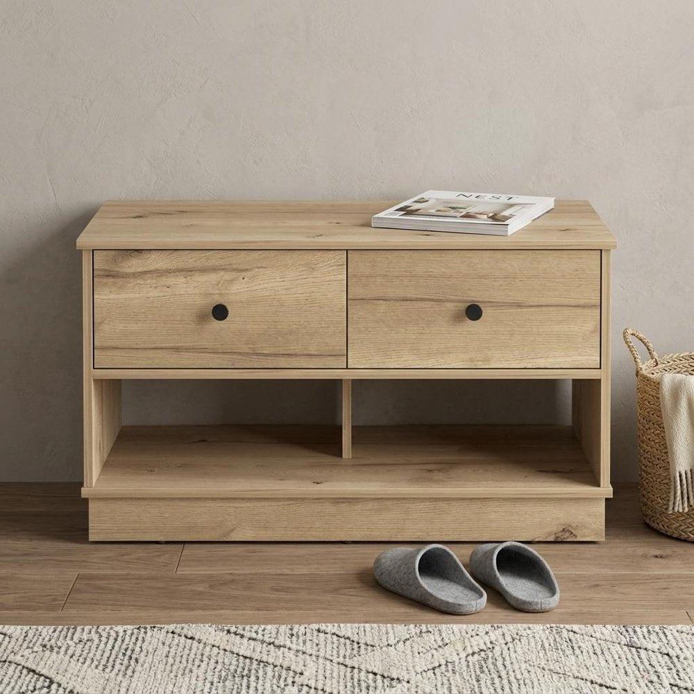 Natural and Oak Wood Storage Bench with Drawers Shoe Storage and Shelves