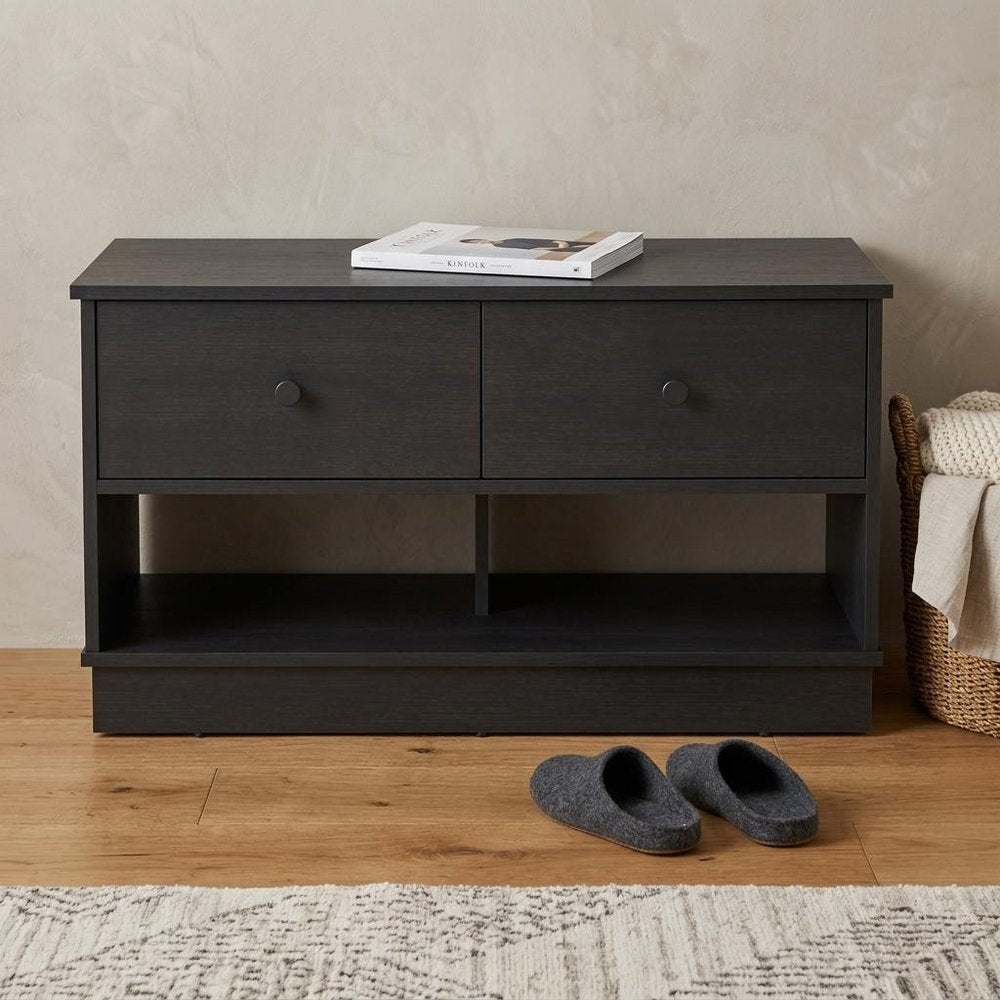 Black Wood Storage Bench with Drawers and Shelves - 36-inch