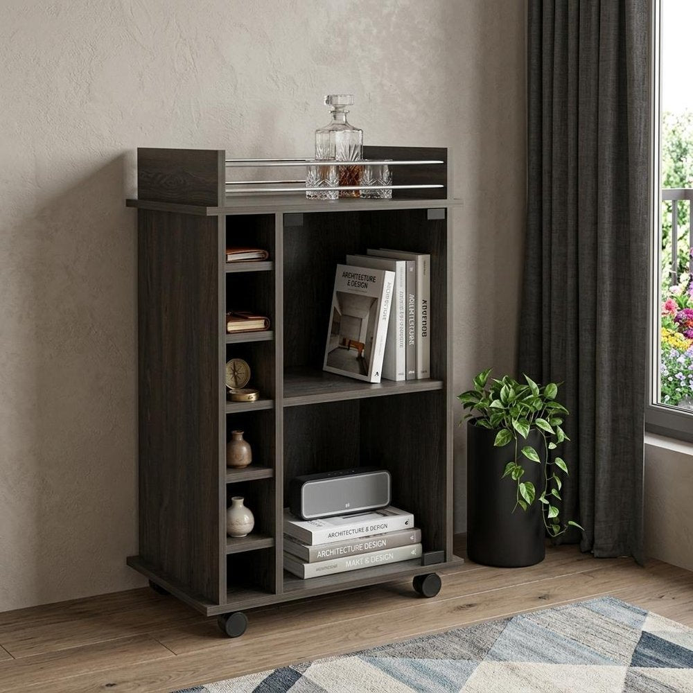Espresso Wood Rolling Bar Cart with Wine Storage - 22-inch