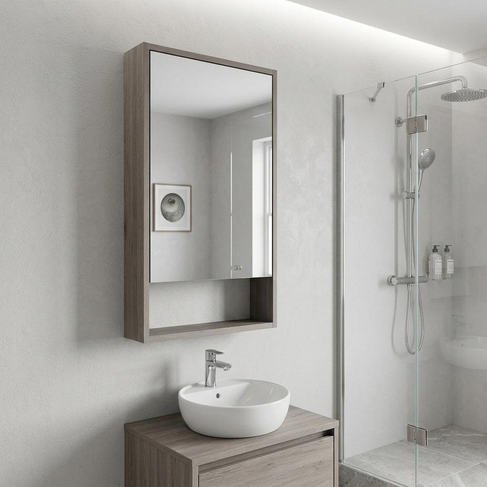 Light Gray Wood Floating Double Door Bathroom Vanity and Medicine Cabinet with Mirror