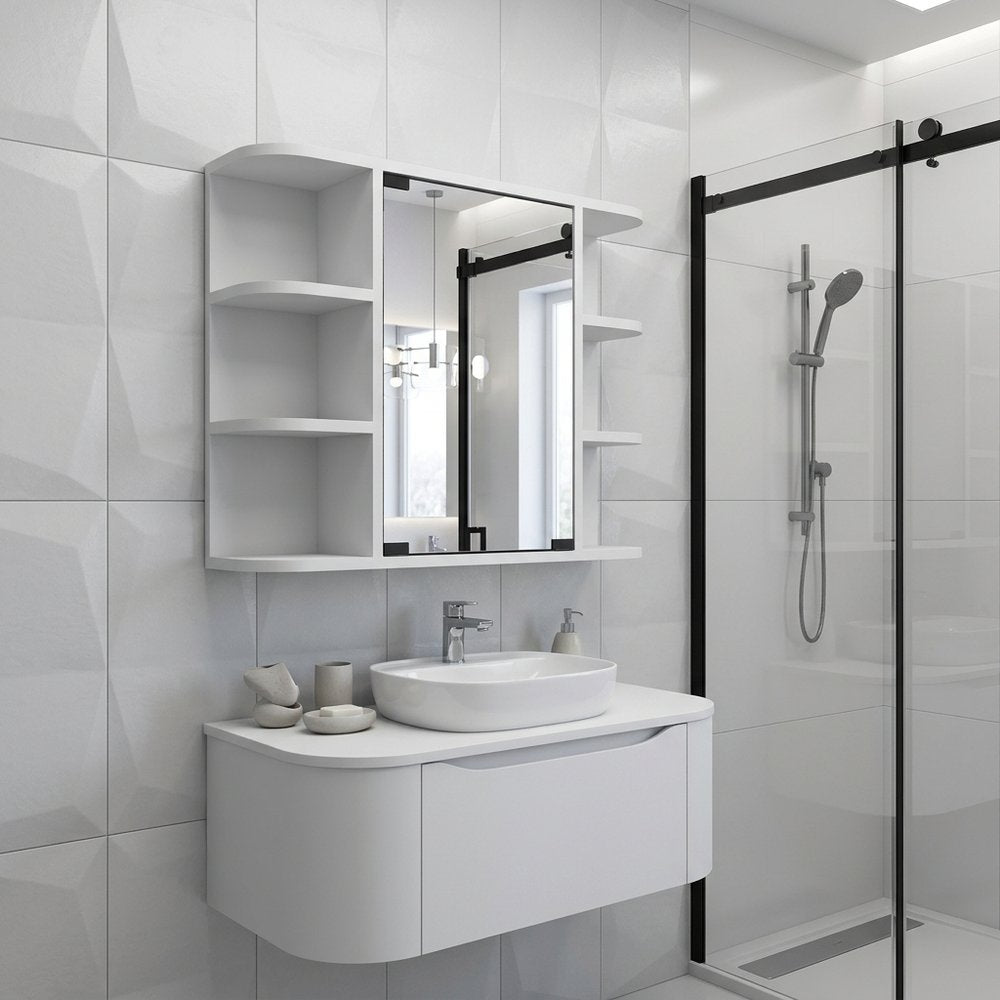 White Wood Floating Double Door Bathroom Vanity and Medicine Cabinet with Mirror