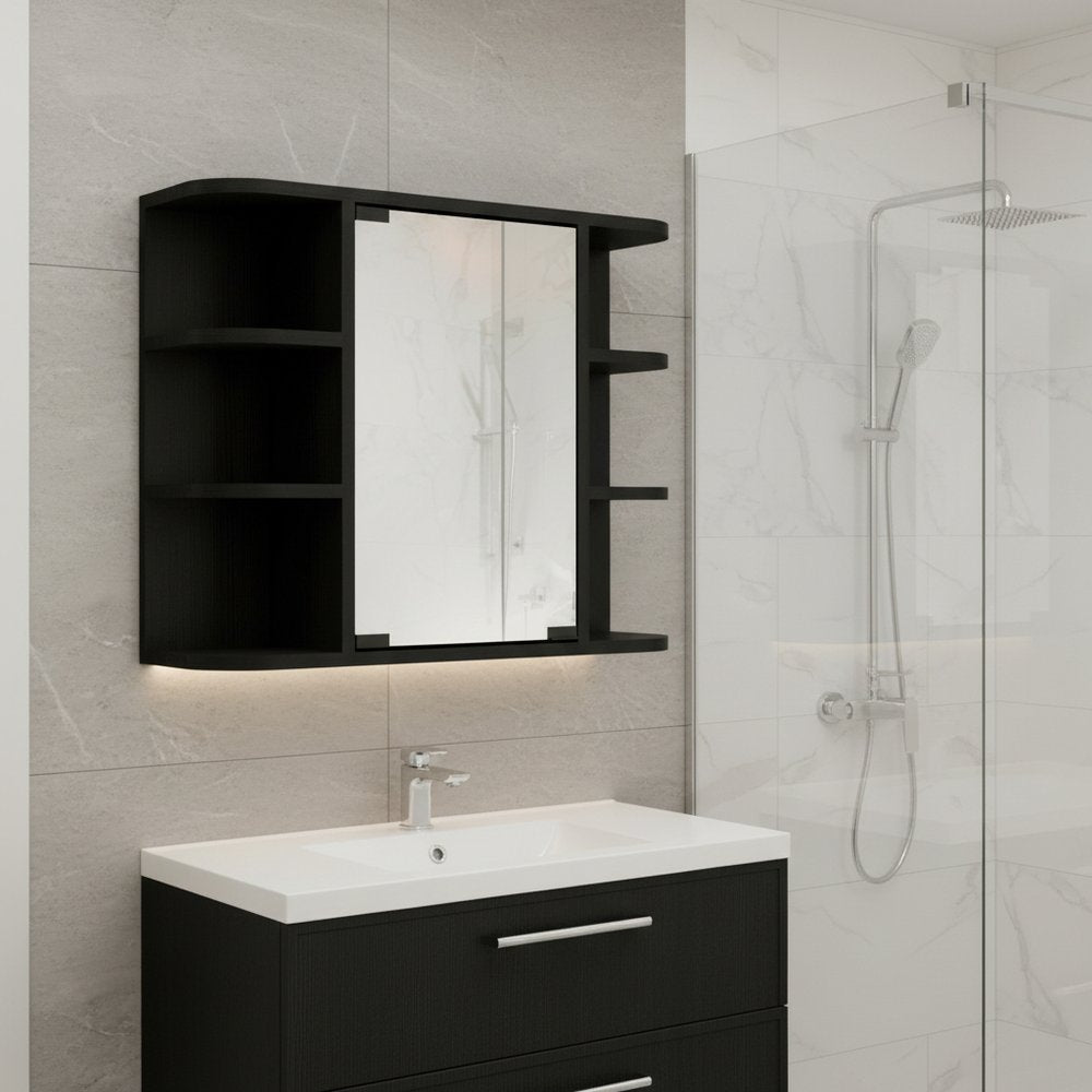 Black Wood Floating Double Door Bathroom Vanity and Medicine Cabinet with Mirror