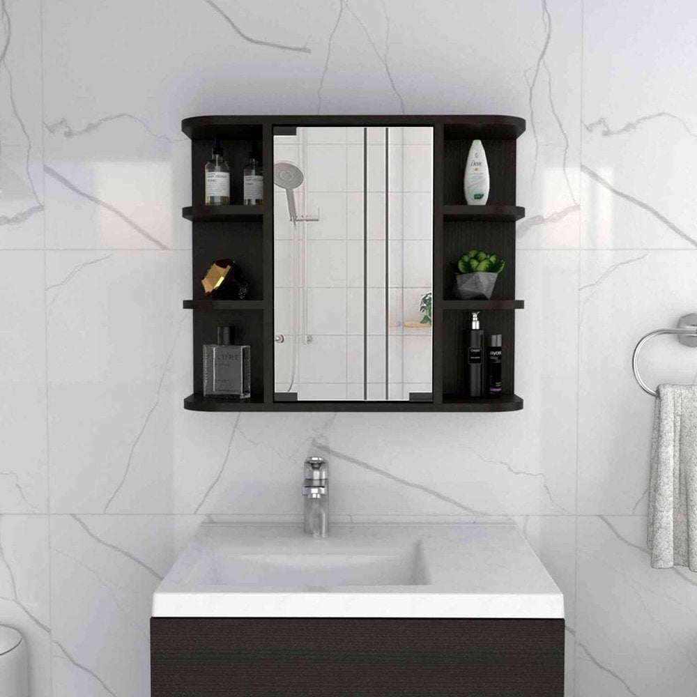 Black Wood Floating Double Door Bathroom Vanity and Medicine Cabinet with Mirror