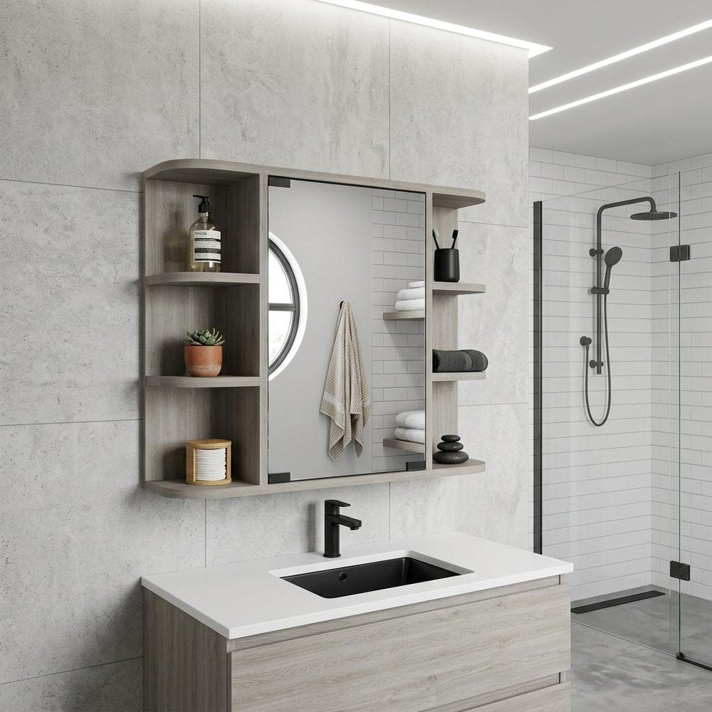 Light Gray Wood Floating Double Door Bathroom Vanity and Medicine Cabinet with Mirror