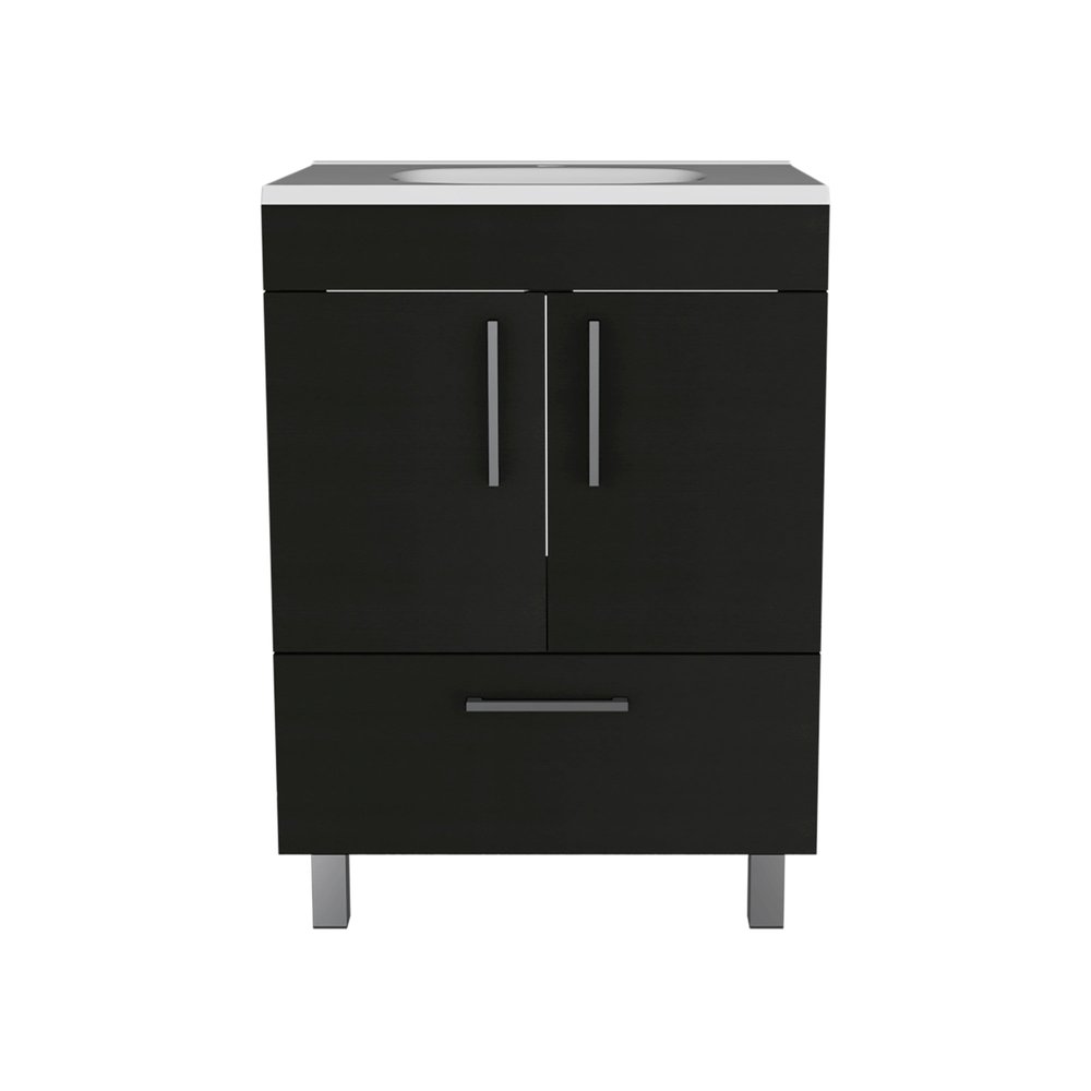 Black Wood Freestanding Bathroom Vanity with White Sink - 24-inch
