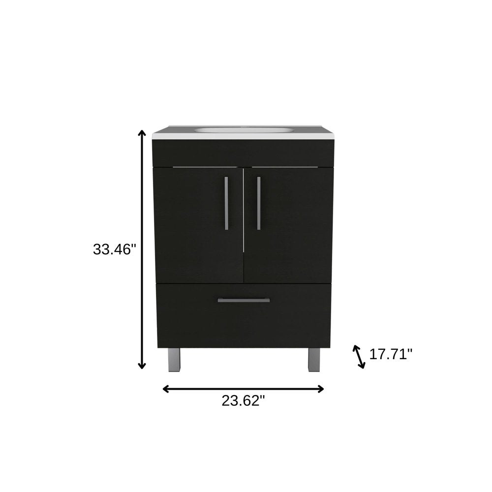 Black Wood Freestanding Bathroom Vanity with White Sink - 24-inch