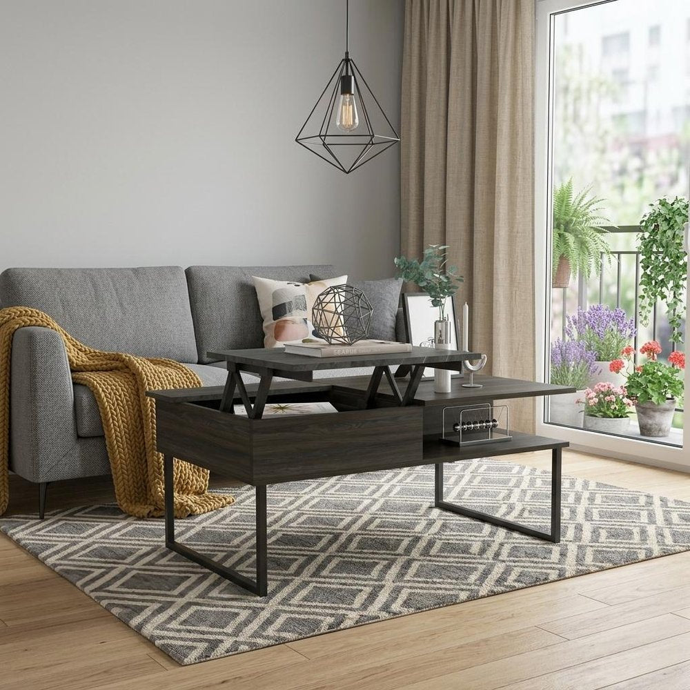 Gray and Onyx Metal Lift Top Coffee Table with Two Shelves - 41-inch