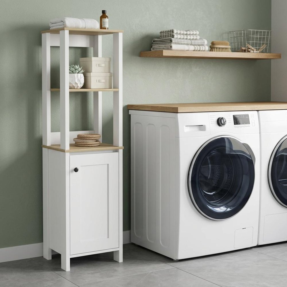 White and Natural Wood Freestanding Single Door Bathroom Vanity - 16-inch