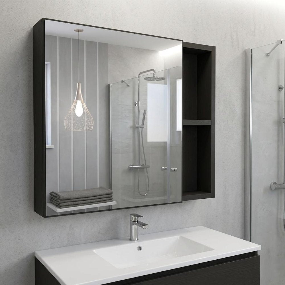 Black Wood Floating Single Door Bathroom Vanity and Medicine Cabinet with Mirror