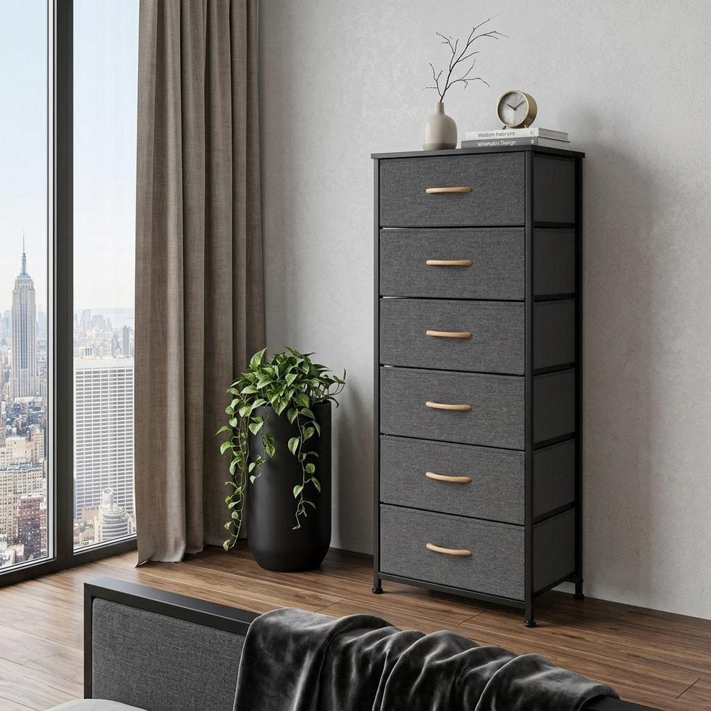 Black and Gray Fabric and Steel Six Drawer Dresser - 18-inch