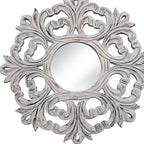 White Floral Scrollwork Distressed Round Framed Accent Mirror - 24-inch