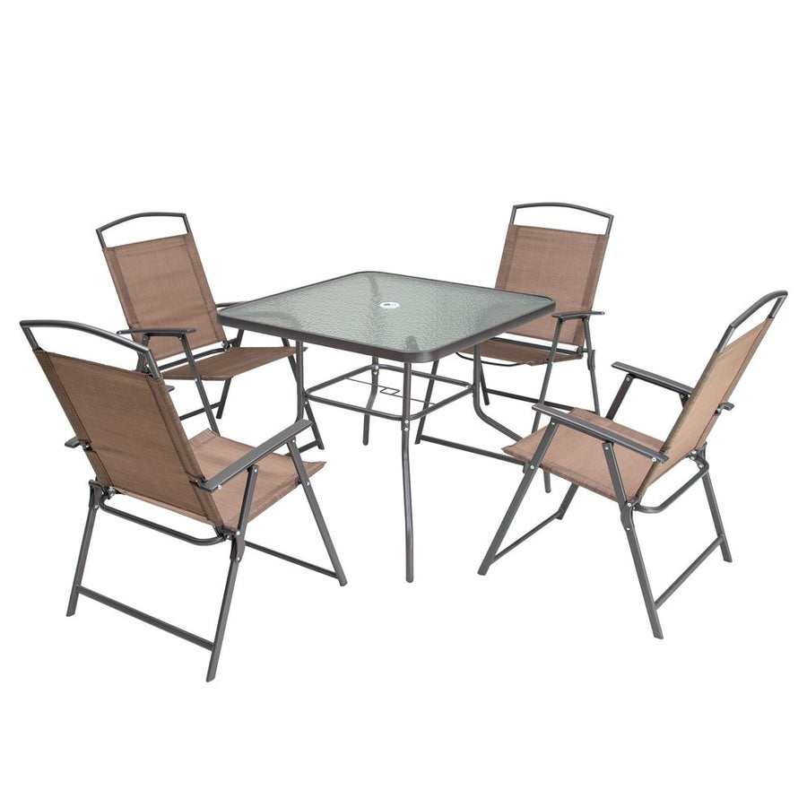 Five Piece Clear and Brown Square Glass Dining Set with Four Chairs