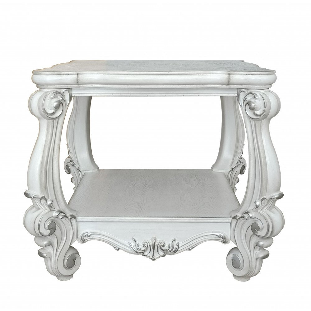 Antiqued White Manufactured Wood Square Scroll End Table with Shelf - 26-inch