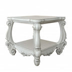 Antiqued White Manufactured Wood Square Scroll End Table with Shelf - 26-inch