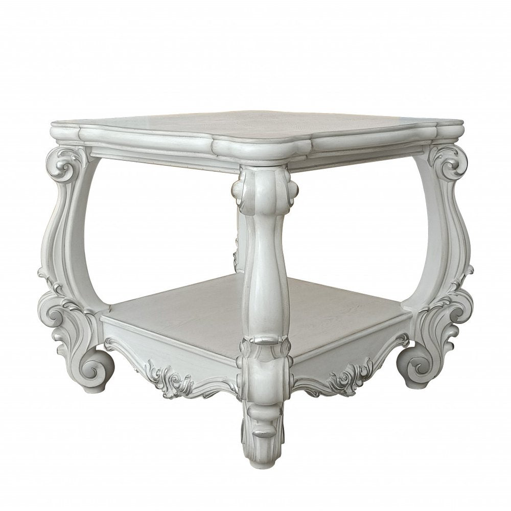 Antiqued White Manufactured Wood Square Scroll End Table with Shelf - 26-inch