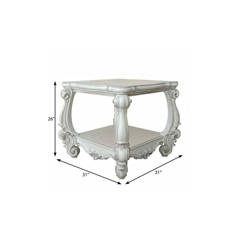 Antiqued White Manufactured Wood Square Scroll End Table with Shelf - 26-inch