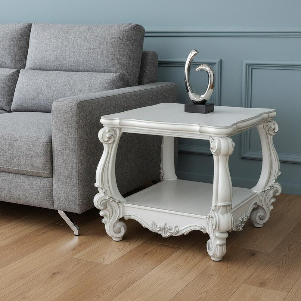 Antiqued White Manufactured Wood Square Scroll End Table with Shelf - 26-inch