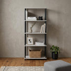 Antiqued White and Black Distressed Metal and Wood Four Tier Etagere Bookcase