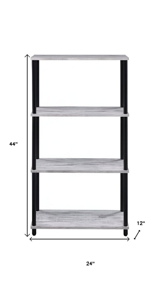 Antiqued White and Black Distressed Metal and Wood Four Tier Etagere Bookcase