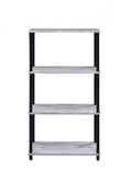 Antiqued White and Black Distressed Metal and Wood Four Tier Etagere Bookcase