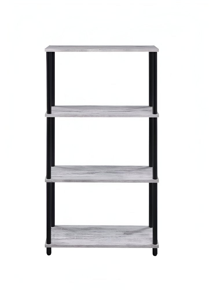 Antiqued White and Black Distressed Metal and Wood Four Tier Etagere Bookcase