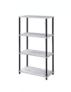 Antiqued White and Black Distressed Metal and Wood Four Tier Etagere Bookcase