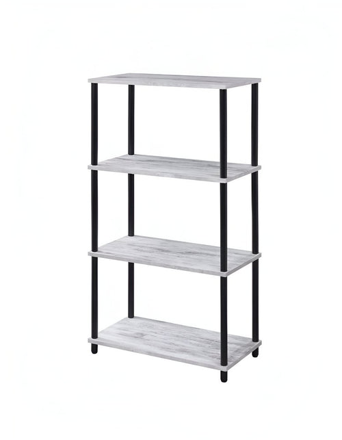 Antiqued White and Black Distressed Metal and Wood Four Tier Etagere Bookcase